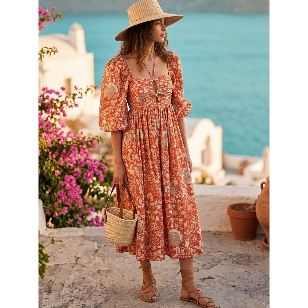 Ulla Johnson Alessa Floral Poplin Puff Sleeve Midi Dress Orange Blossom 2 $590